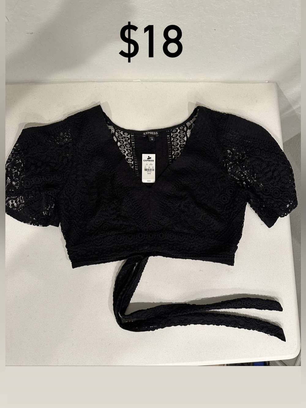 Express Black Lace Cropped Tie-Waist Top